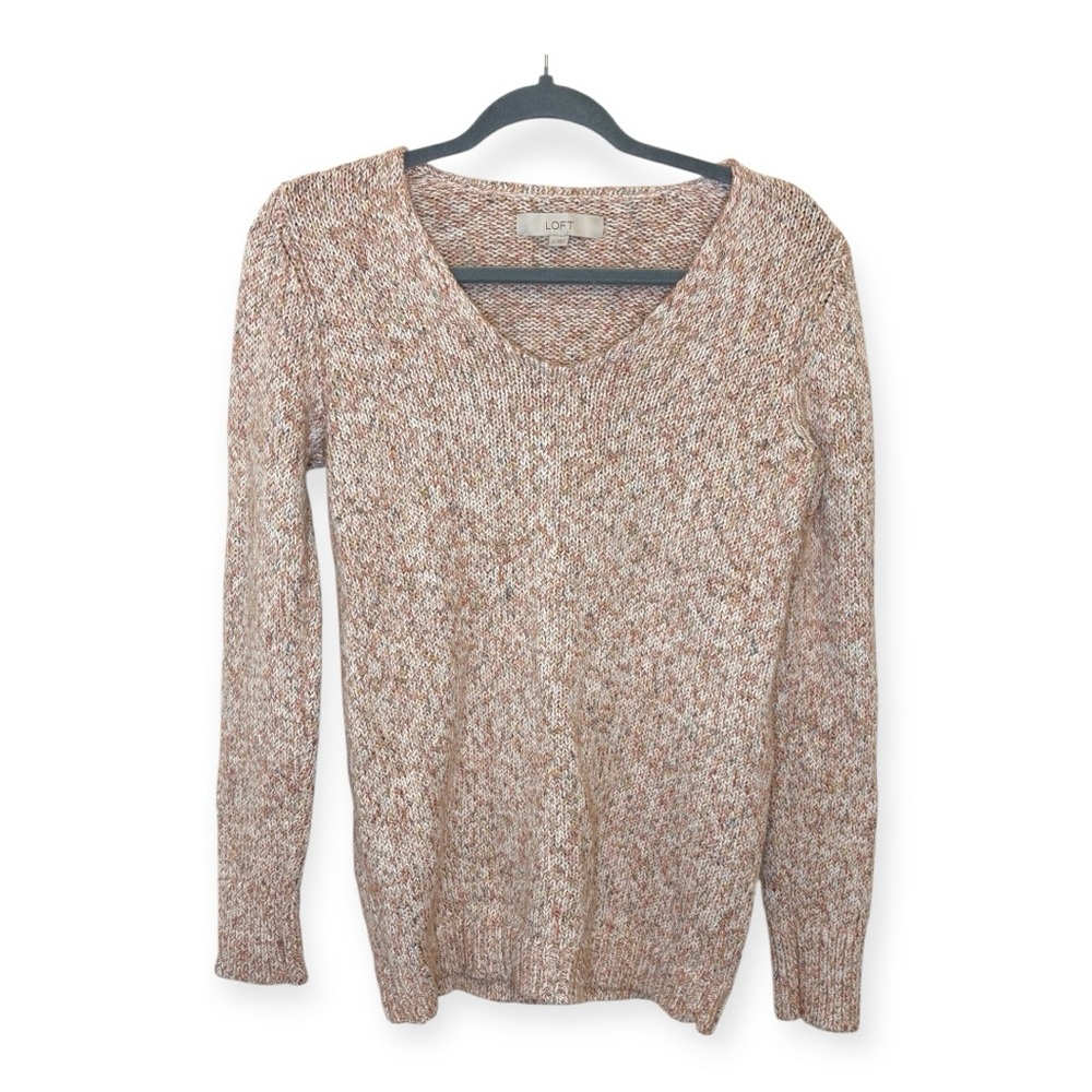 LOFT Pink Marled Knit Sweater Textured Neutral Speckled Pullover Preppy Small